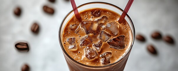Iced coffee with ice cubes and two red straws in glass on white background.