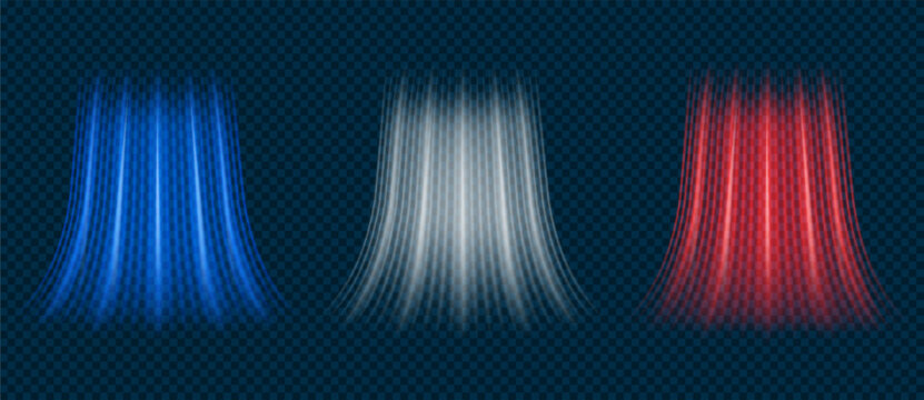 Conditioner with hot and cold fresh air. Red, blue and white wind air flow light effect, breeze cold and hot swirls isolated on black background. Vector set.