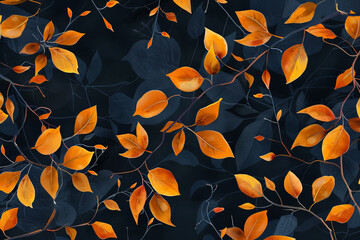 A blue background with orange leaves and branches