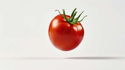 A single red tomato suspended in mid-air on a white background