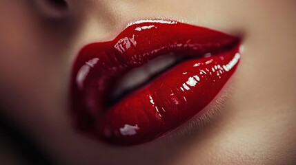 Obraz premium Macro shot of a woman's lips with red lipstick, showing the texture and glossiness in exquisite detail