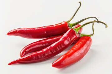 Three red hot peppers on a white surface