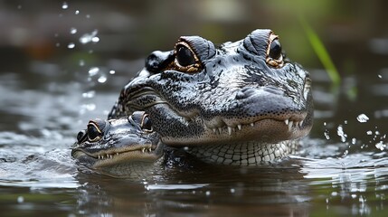 Mother Alligator Swimming with Her Baby in Crystal Clear Water with Air Bubbles, Photo Realistic, Standard Background, Wallpaper, Cover and Screen for Smartphone, PC, Laptop, 9:16 and 16:9 Format