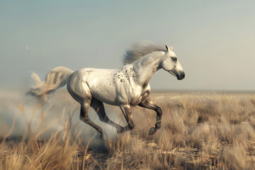 A majestic white horse gallops through golden grassland, exuding grace and power under the warm sunlight.