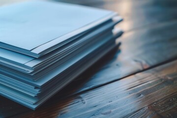 A stack of papers sits on top of a wooden table, perfect for a office or study setting