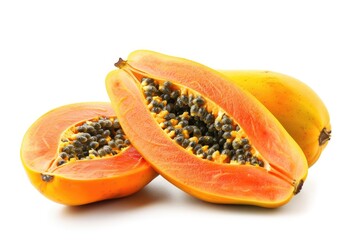 Two halves of a papana fruit, cut and ready for use