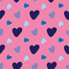 Seamless pattern with unique violet and blue hearts on pink background.eps