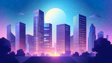 Fototapeta premium City Skyline at Night with Moon and Stars