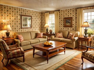 Cozy 1970s colonial farm house living room with retro patterned sofa, vintage armchairs, and rustic wooden coffee table