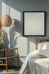Mockup Empty, Blank Picture Frame, Wooden Picture Frame, Hanging On A Light Gray Wall, Stylish , Living Room, Modern, Relaxing, Art