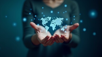 Metaverse Technology concepts. Woman hand holding global network connection. Internet communication, technology of wireless connection. Futuristic technology polygonal shapes. businesswoman background