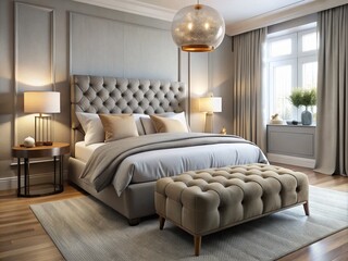 Fototapeta premium Cozy bedroom featuring a plush cannonball-shaped ottoman paired with a matching upholstered bed and nightstand,