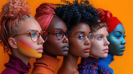 Obraz premium Five diverse women wearing glasses and colorful head wraps, looking ahead with serious expressions on a bright orange background.