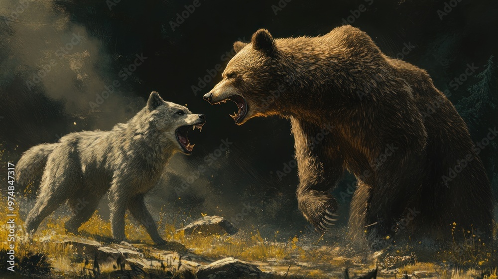 Sticker A Confrontation Between a Grizzly Bear and a Wolf