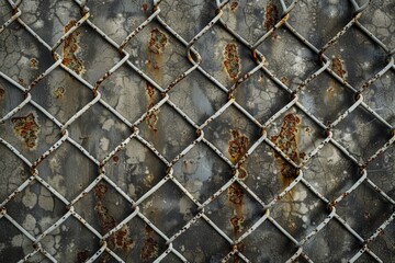 Fototapeta premium A worn out metal fence with flaking paint, ideal for use in scenes about neglect or abandonment