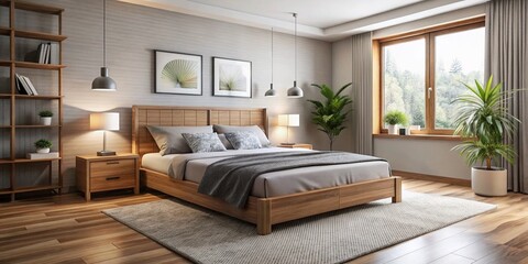 Cozy bedroom with affordable modern furniture, including a plush mattress, wooden bedframe, and nightstand, all