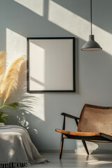 Mockup Empty, Blank Picture Frame, Wooden Picture Frame, Hanging On A Light Gray Wall, Stylish , Living Room, Modern, Relaxing, Art