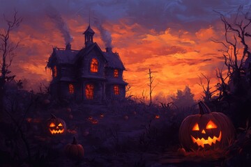 Creepy Haunted Mansion at Sunset with Carved Pumpkins..