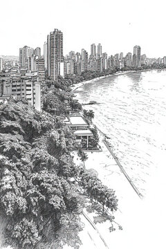 San Lorenzo, Paraguay, black and white pen pencil hand-drawn effect portrait drawing illustration for travel poster, card, wallpaper, backdrop or banner. Modern, clear, artistic and simple