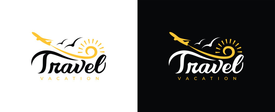 Summer Travel vector logo design, Modern bright sun travel, airplane, birds vector logo design