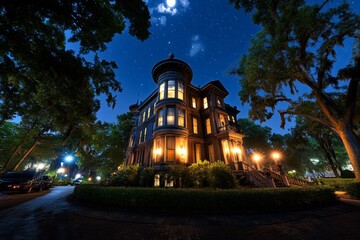 Savannah Night Tours and Haunted Attractions depicted in a cultural infographic, highlighting popular ghost tours and after-dark activities in the city