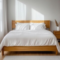Teak wood bed frame with clean lines, draped with white linens in a cozy, sunlit bedroom, teak furniture, modern comfort
