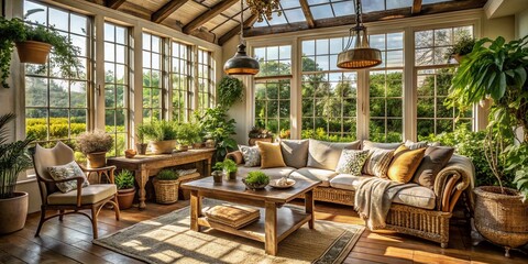 Fototapeta premium Cozy farmhouse sunroom with rustic wooden furniture, natural textiles, and vintage decorative accents, surrounded by