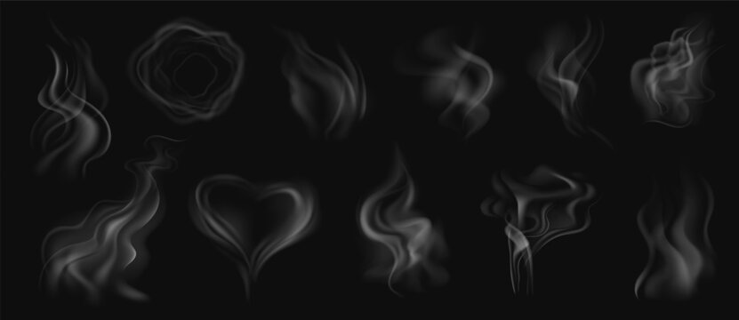 Realistic smoke. White steam, smoke from hot food or tea, coffee and cigarette or hookah steam trail in ring and heart shape isolated on transparent background. Vector set.