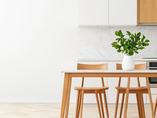 Fototapeta premium Polished teak wood dining set in a modern kitchen with sleek appliances and marble countertops, teak wood furniture, kitchen sophistication