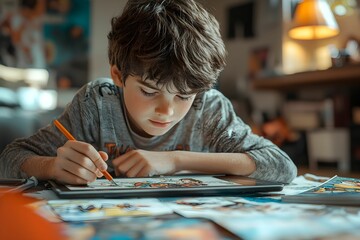 Young boy engaged in coloring activity at home in afternoon light