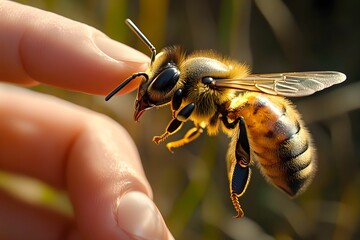 Close encounter with a honeybee on a person's fingertip in nature