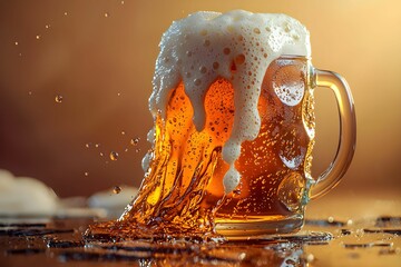 Frothy beer overflowing from a glass mug in warm lighting