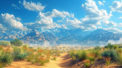 A Sunny Desert Path Leading Towards Majestic Mountains