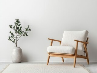 Fototapeta premium Teak wood armchair with plush cushions in a mid-century modern living room, teak chair, retro comfort