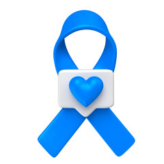 Blue ribbon on white and blue hearts for November Blue campaign in 3D render with transparent background