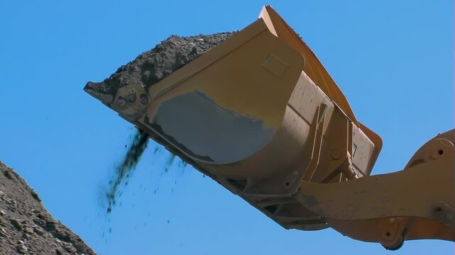 A large bucket of a front-end loader is filled with gravel against the sky. Unloading gravel in a quarry