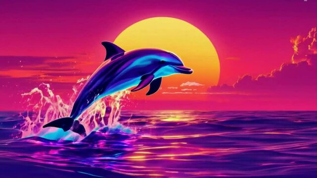dolphin jumping into the sea at sunset in synthwave style 
