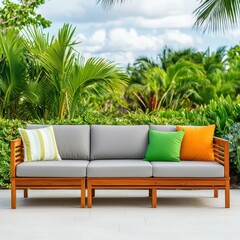 Fototapeta premium Teak wood outdoor sectional with bright cushions, set against a tropical backdrop, teak patio furniture, island luxury