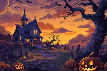 Stylized Halloween Scene with Haunted House and Glowing Pumpkins..