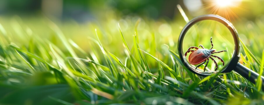 Ticks in green grass under magnifying glass, concept of parasite inspection, pest identification, outdoor pests.