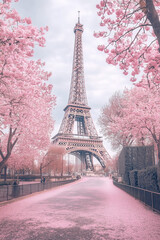 Eiffel Tower surrounded by cherry blossom trees in full bloom, soft pink petals falling gently in a calm spring breeze