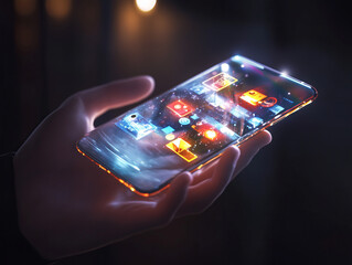 A person holding a glowing smartphone displaying vibrant app icons in a dimly lit environment while exploring technology