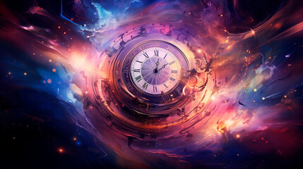 Abstract clock art with swirling cosmic elements, vibrant colors, mystical time representation
