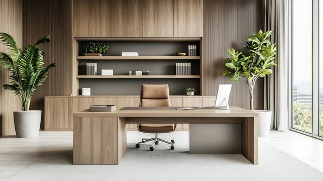 High-end teak wood executive desk with leather accessories in a luxurious office, teak office furniture, executive style