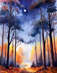 Fototapeta premium Watercolor night autumn forest. Beautiful natural landscape. Autumnal trees, moonlit, nature scene