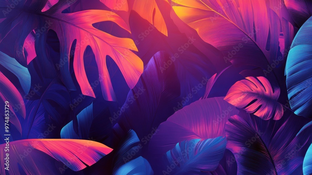 Wall mural Vivid Tropical Leaves in Neon Hues