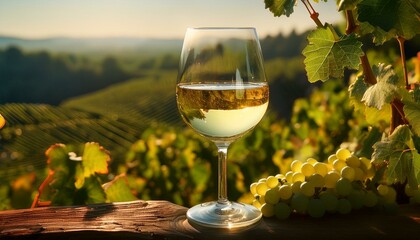 A wine glass filled with white wine nestled amongst the grapevines, with sunlight filtering 