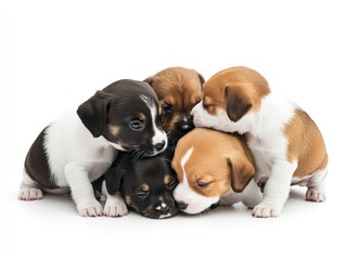 A group of puppies playing, isolate on white background