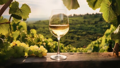 A wine glass filled with white wine nestled amongst the grapevines, with sunlight filtering 