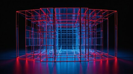 Futuristic 3D Grid Structure with Neon Red and Blue Lights in Abstract Geometric Design
